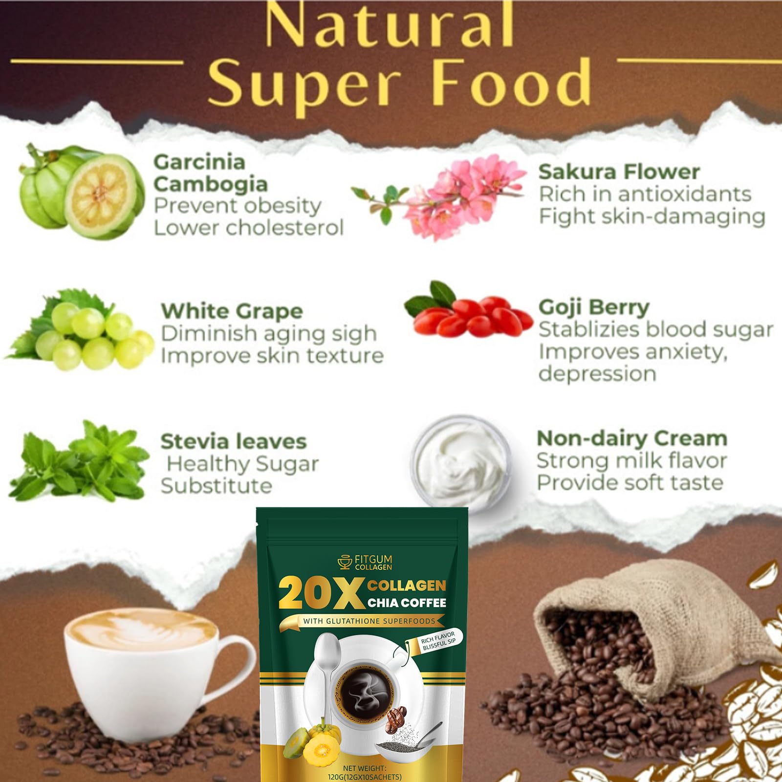 Fitgum Collagen 20X Chia 11 in 1 Shape Coffee Mix, Fitgum Collagen